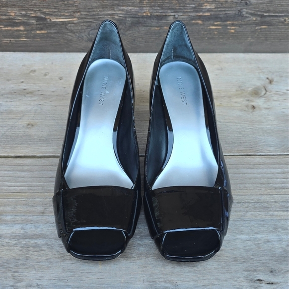 Nine West Bradeton Black Patent Leather, Open Toe, Cone Heel Comfort Pumps 7.5M - Picture 8 of 16